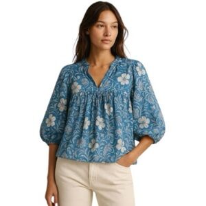 NWOT Karni Blue White Floral Block Batik Print Peasant Balloon Sleeve Top Blouse